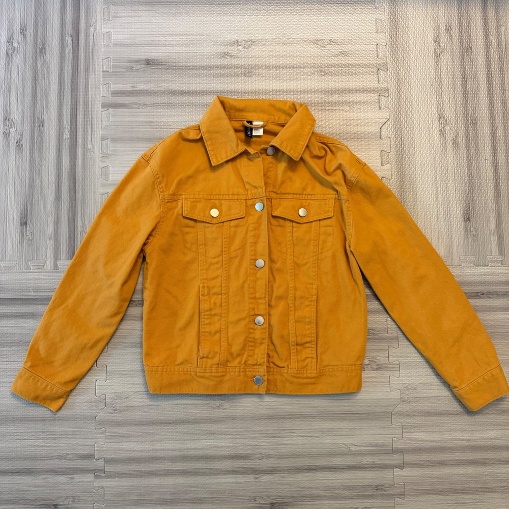 H&M Divided Denim Trucker Jacket Women XS Mustard Yellow Cotton Utility Cropped